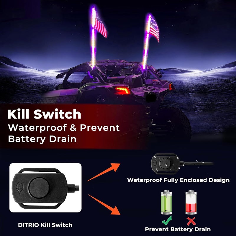 DITRIO 2 Pack 2FT Led Whip Lights with App & Remote Control, Spiral RGB Chasing Lighted Whips,Side by Side Whip Lights with 4 Flags for UTV ATV SXS Truck Boat, Multi Color, Waterproof, Music Mode - Image 4